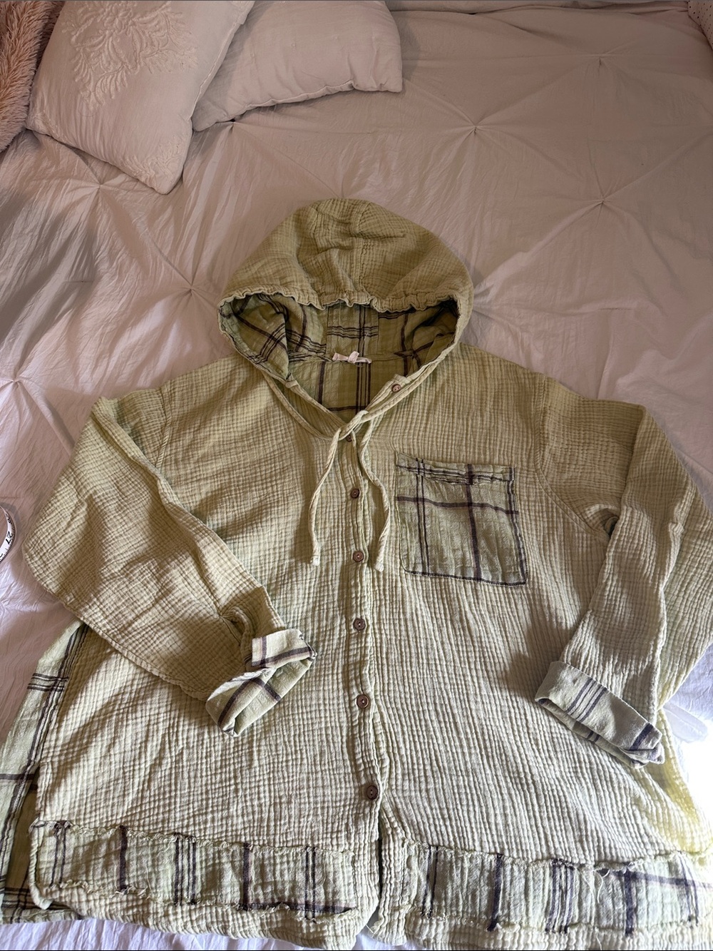 Easel Light Green With Plaid Button-Front Hooded Shirt